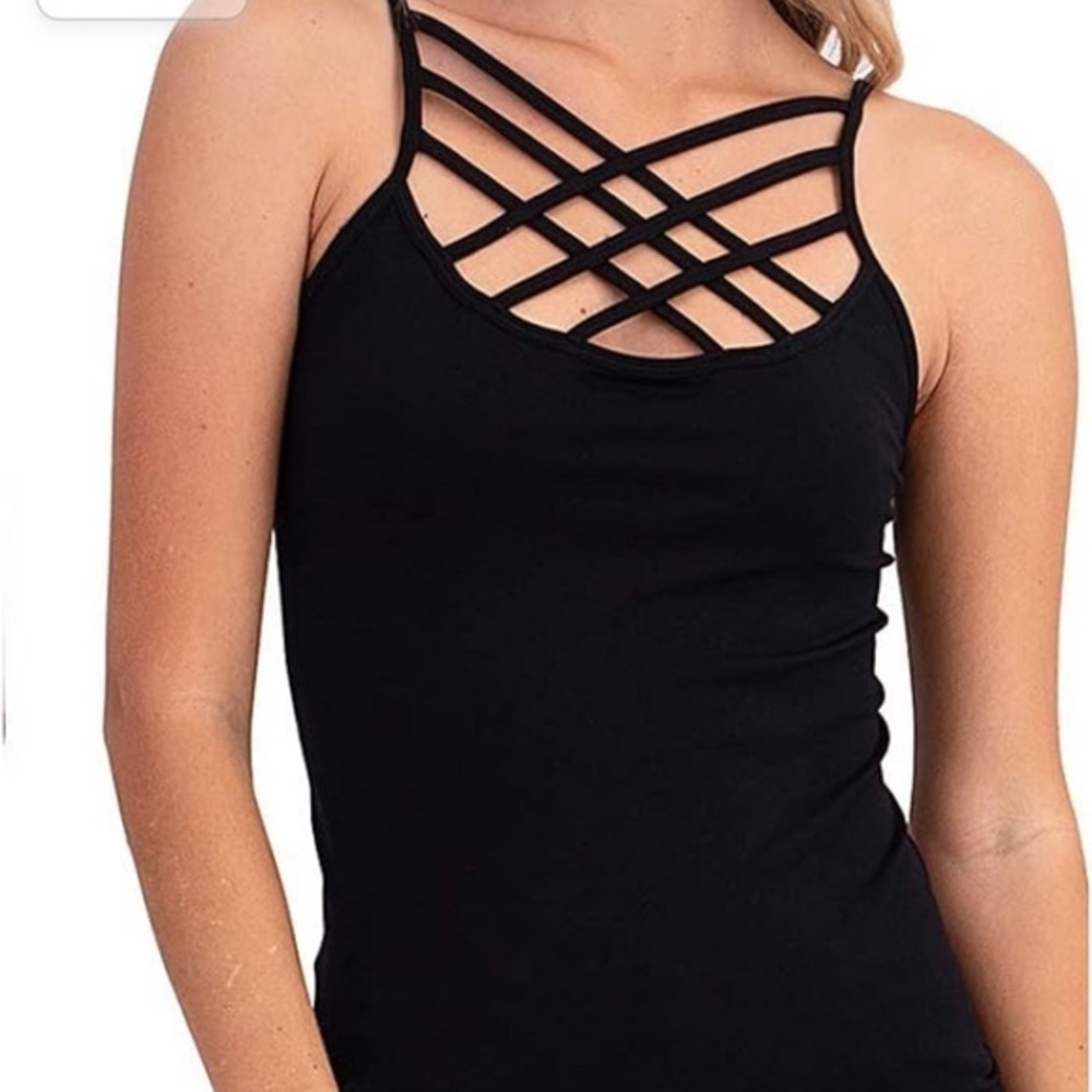 Criss Cross Front Spaghetti Strap Basic Round HollowOut Neck Seamless Tank Top